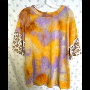 FIRST LOVE by Lovelyn crewneck top in tie-dye with animal print ruffled sleeves